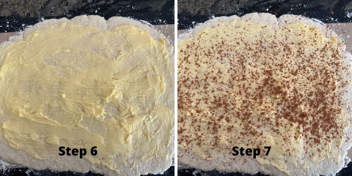 Photos of steps 6 and 7 adding the filling to the dough.