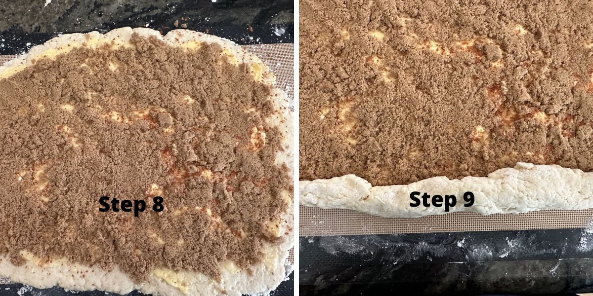 Photos of rolling the dough with the filling as described in steps 8 and 9.