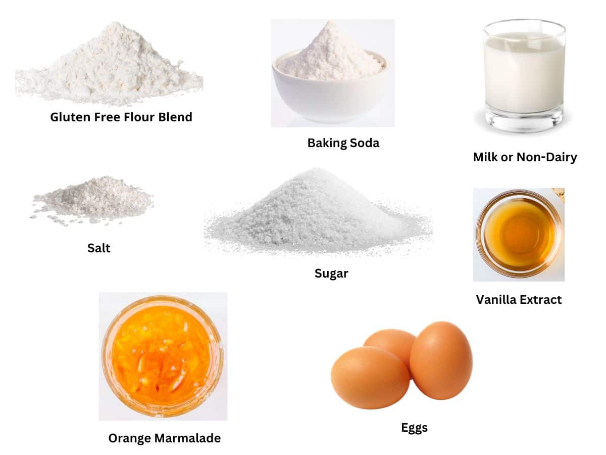 Photos of the ingredients needed to make gluten free orange marmalade muffins.