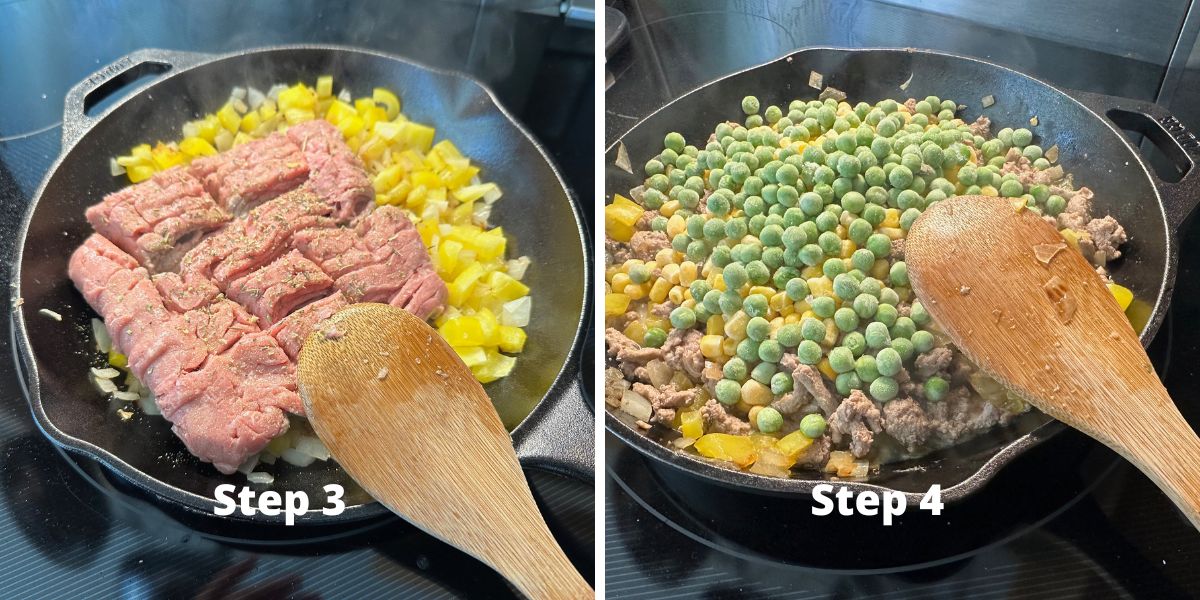 Photos of steps 3 and 4 cooking the meat and vegetables.