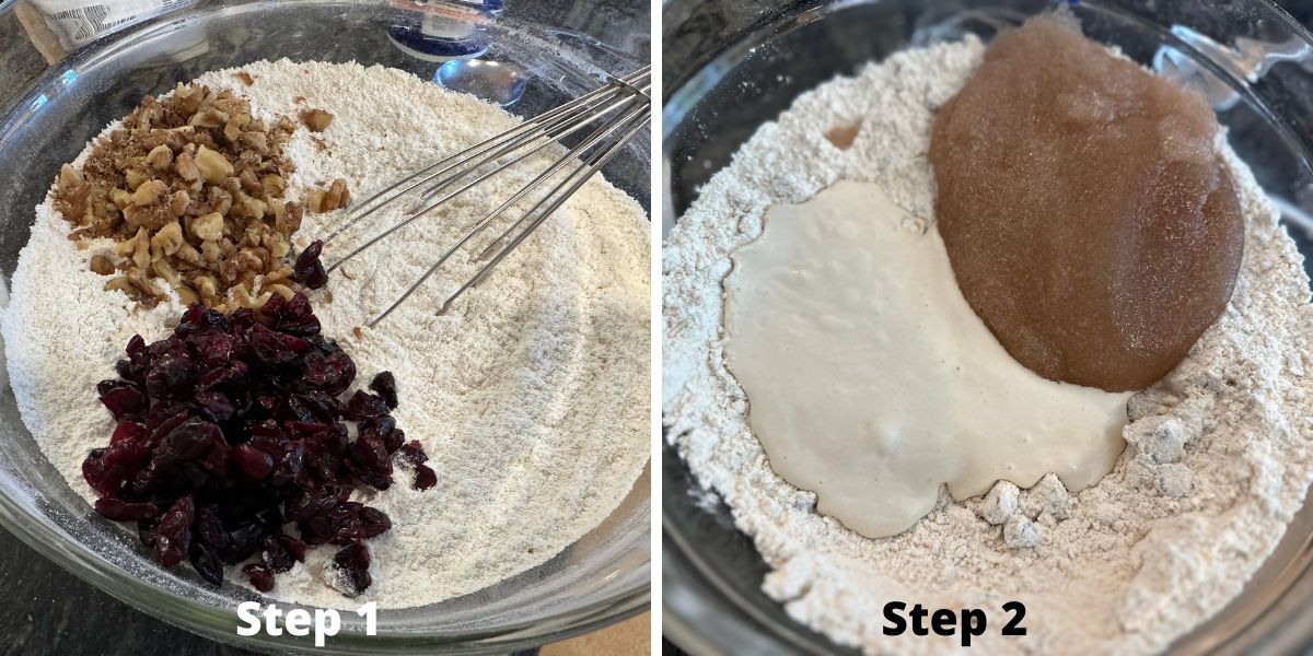 Pictures of the dry ingredients and of the psyllium husk gel and starter in the dry ingredients.