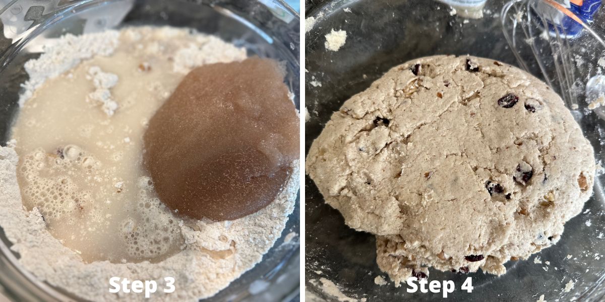 Photos of the ingredients in a bowl and the dough.