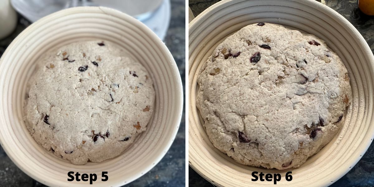 The dough in the banneton basket before and after the rise.