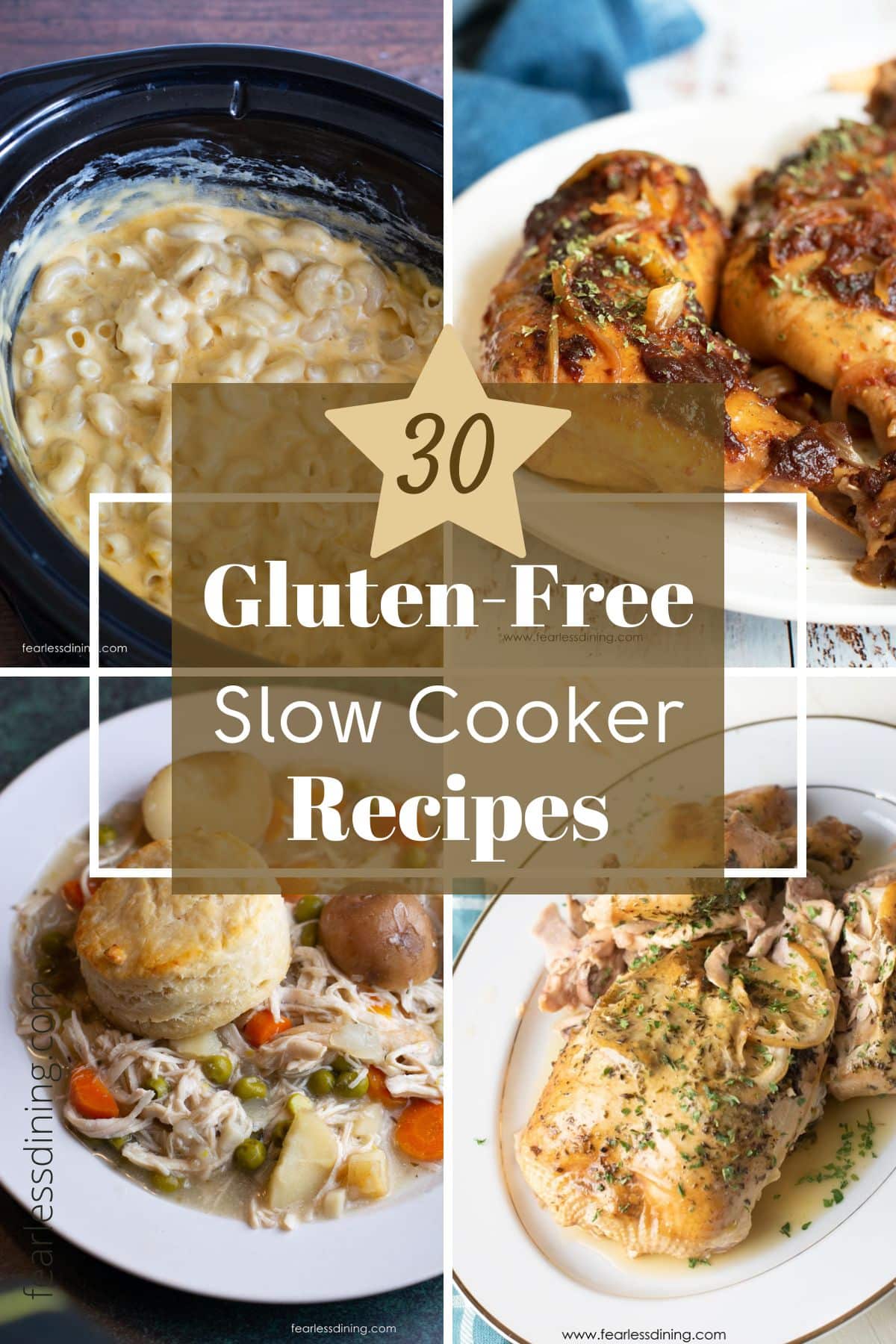 A roundup collage of four of the thirty gluten free chicken crock pot recipes.