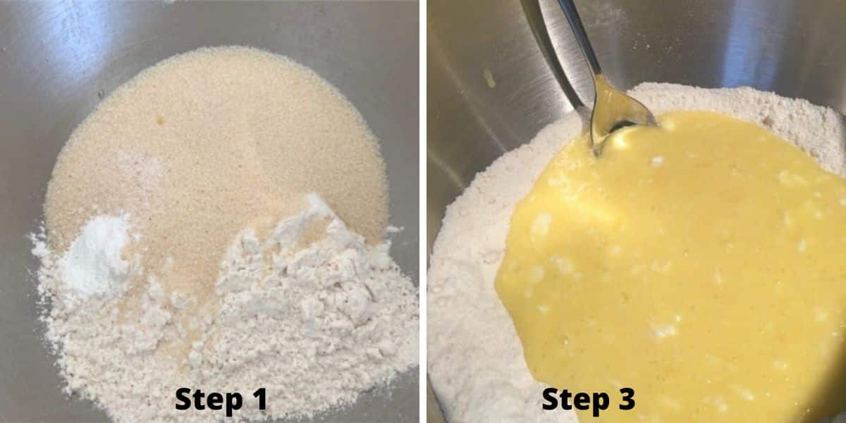 Photos of steps 1 and 3 making the hamantaschen cookie dough.
