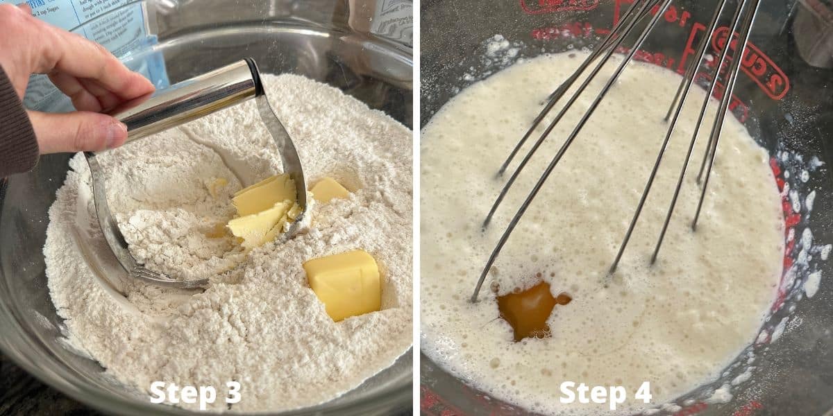 Using a pastry blender to cut the butter into the flour and mixing wet ingredients.