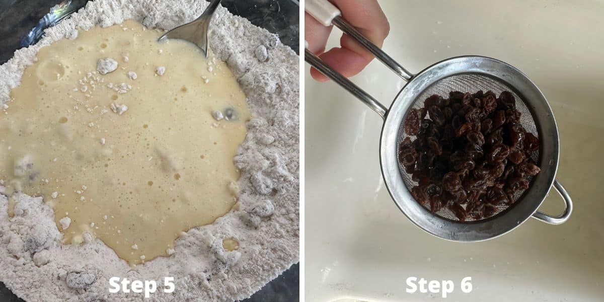 Showing how to drain the raisins and mixing the wet and dry ingredients.