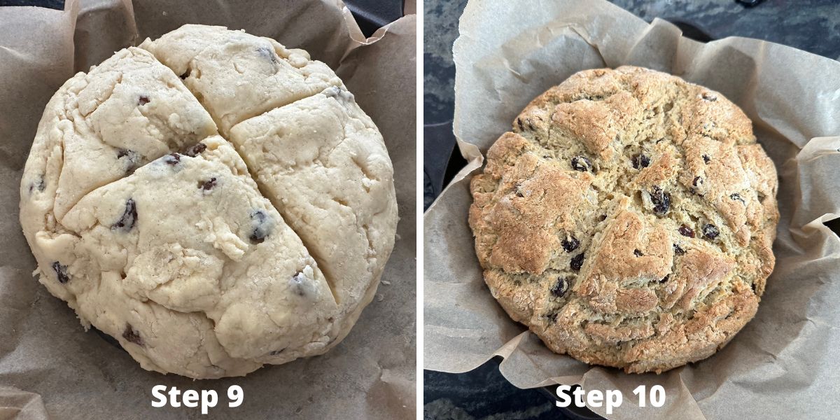 Photos of the soda bread before and after baking.