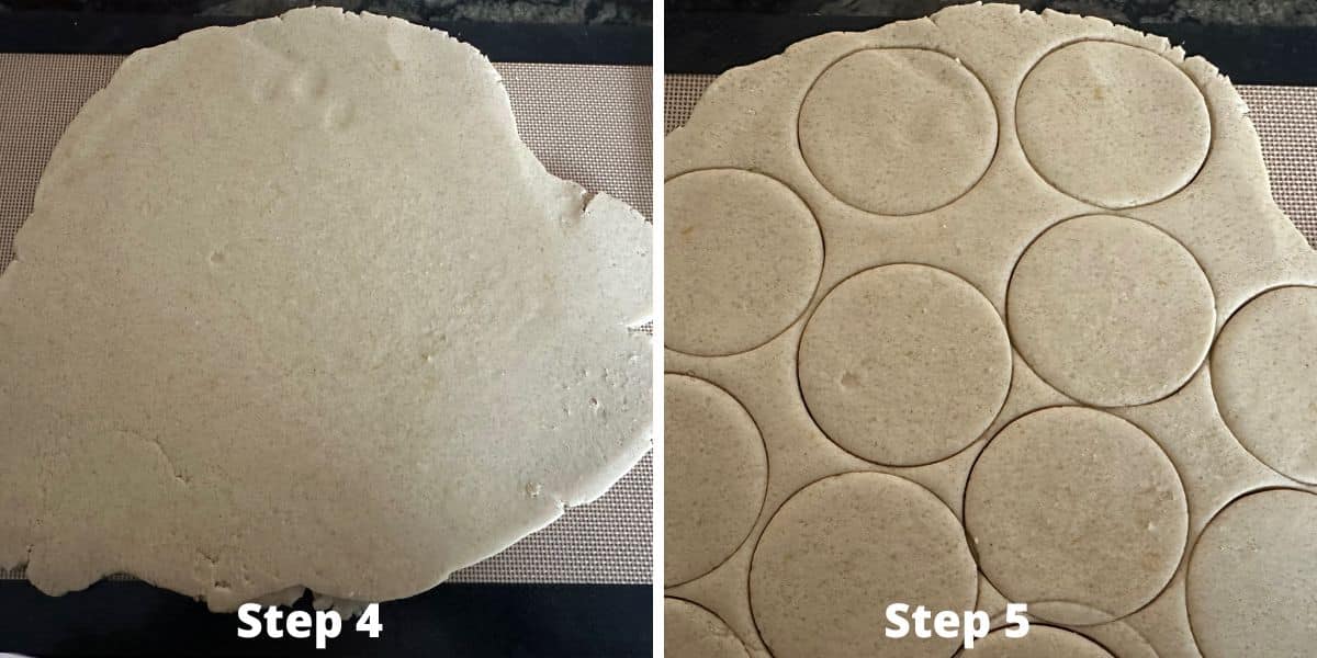 Photos of the dough rolled out on a silicone mat.
