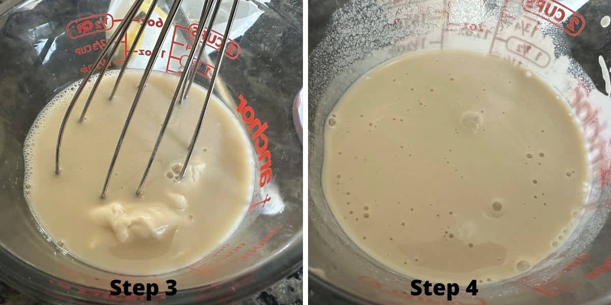 Whisking the sourdough discard into the milk with a whisk.