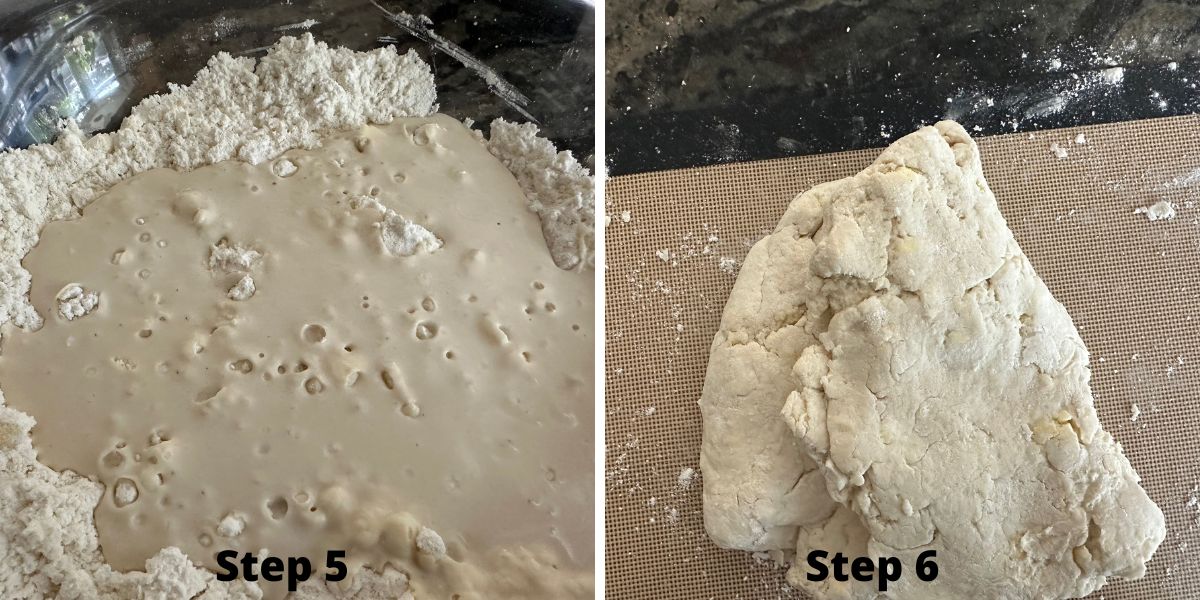Mixing the wet and dry ingredients into dough.