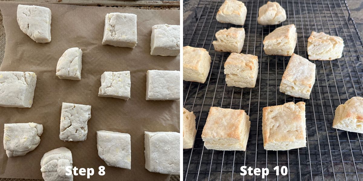 Photos of the biscuits before and after baking.