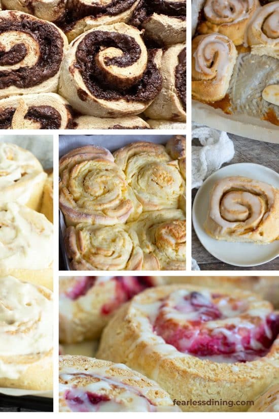 A collage of five photos of different flavors of gluten free cinnamon roll recipes.