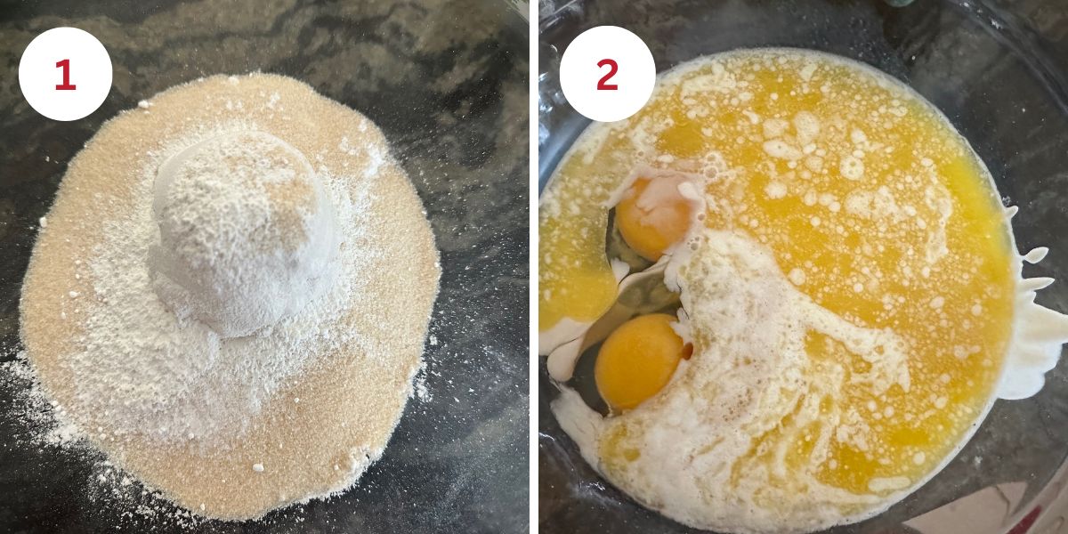 Photos of the dry ingredients and wet ingredients in glass mixing bowls.