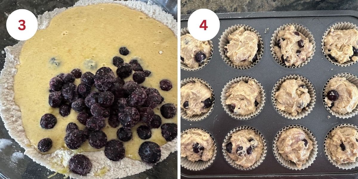 Photos of the wet ingredients in the dry ingredients with the frozen blueberries and the muffin batter in a muffin pan.