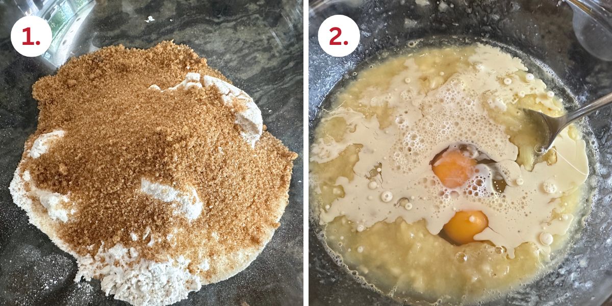 Photos of the wet and dry ingredients in mixing bowls.