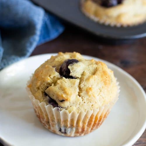 A gluten free sourdough discard muffin on a small white plate. The pan of muffins is behind the plate.