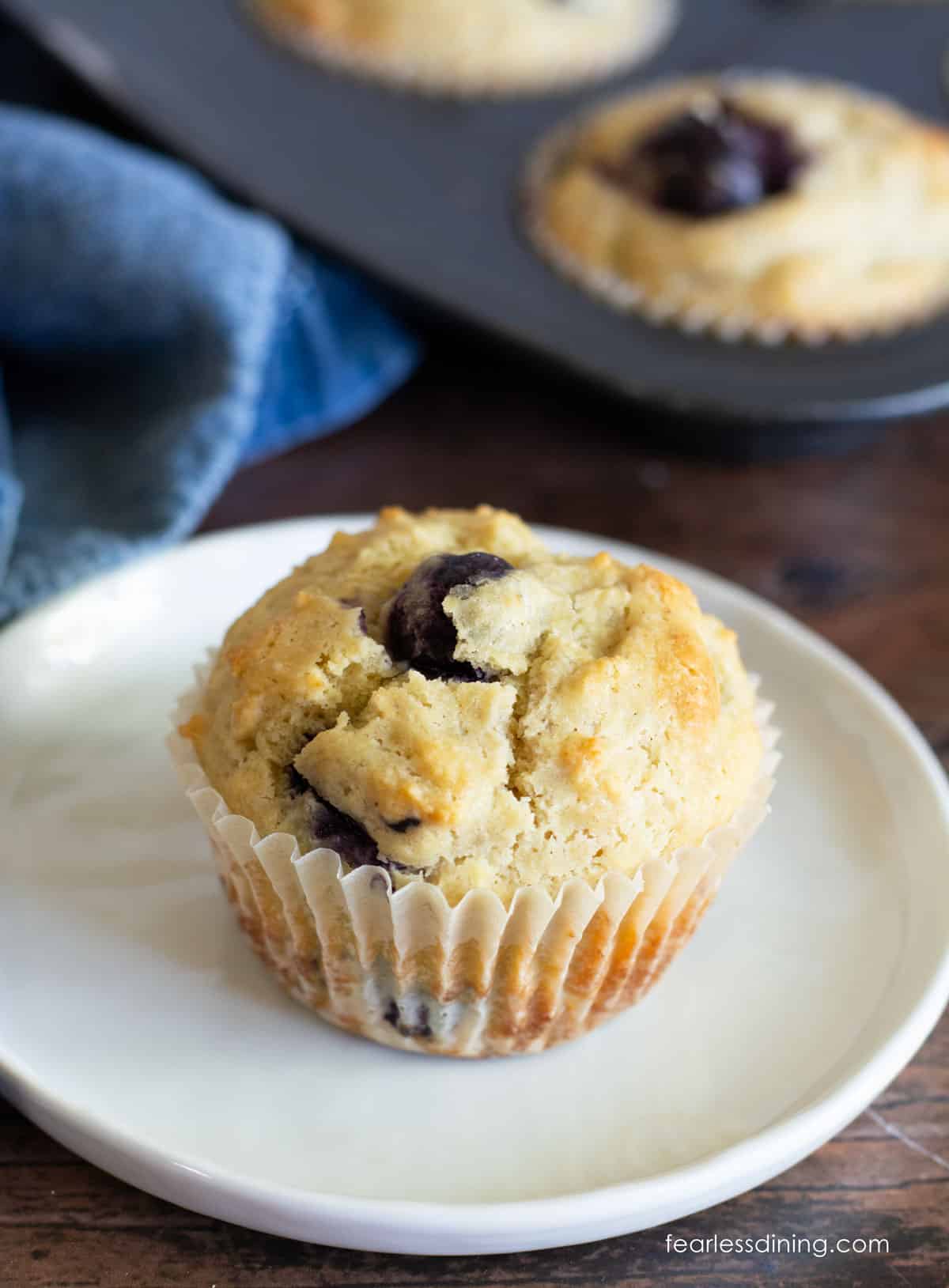 A gluten free sourdough discard muffin on a small white plate. The pan of muffins is behind the plate.