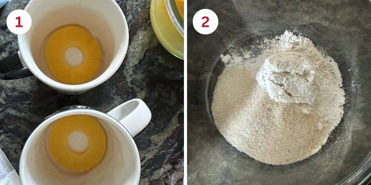 Photos of the pineapple rings in mugs and the dry ingredients in a mixing bowl.