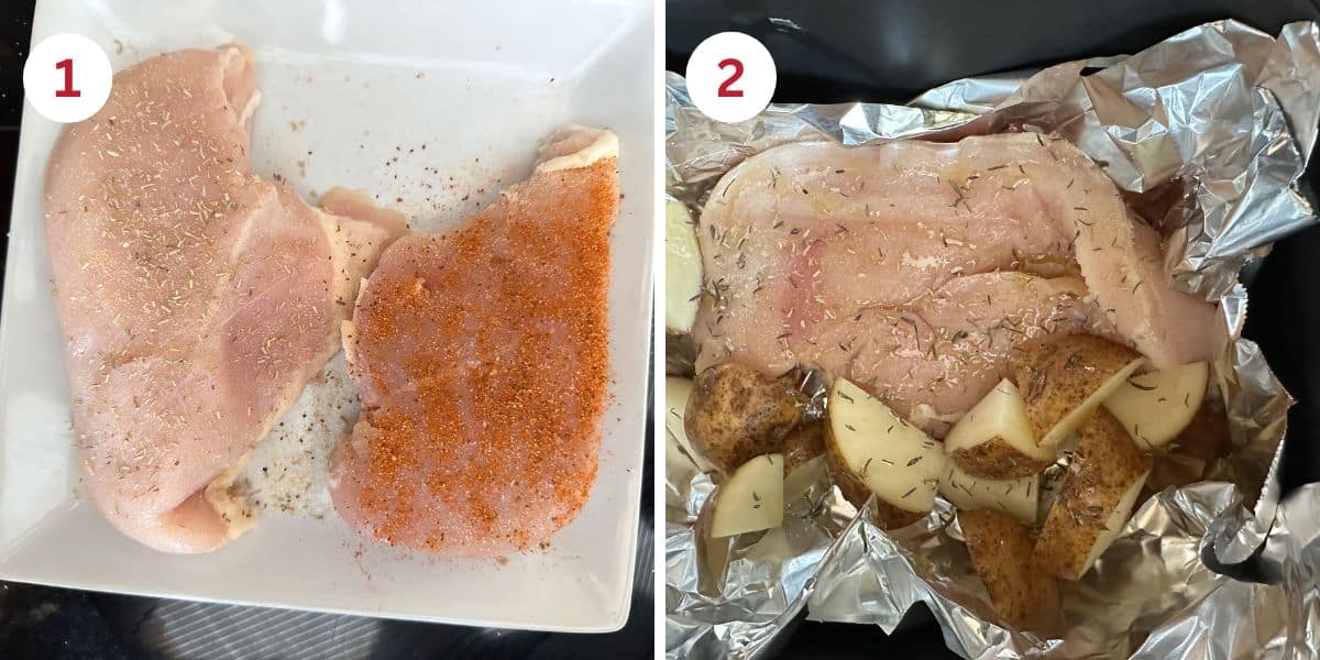 Photos of seasoning the chicken breasts and adding them to the foil packet.