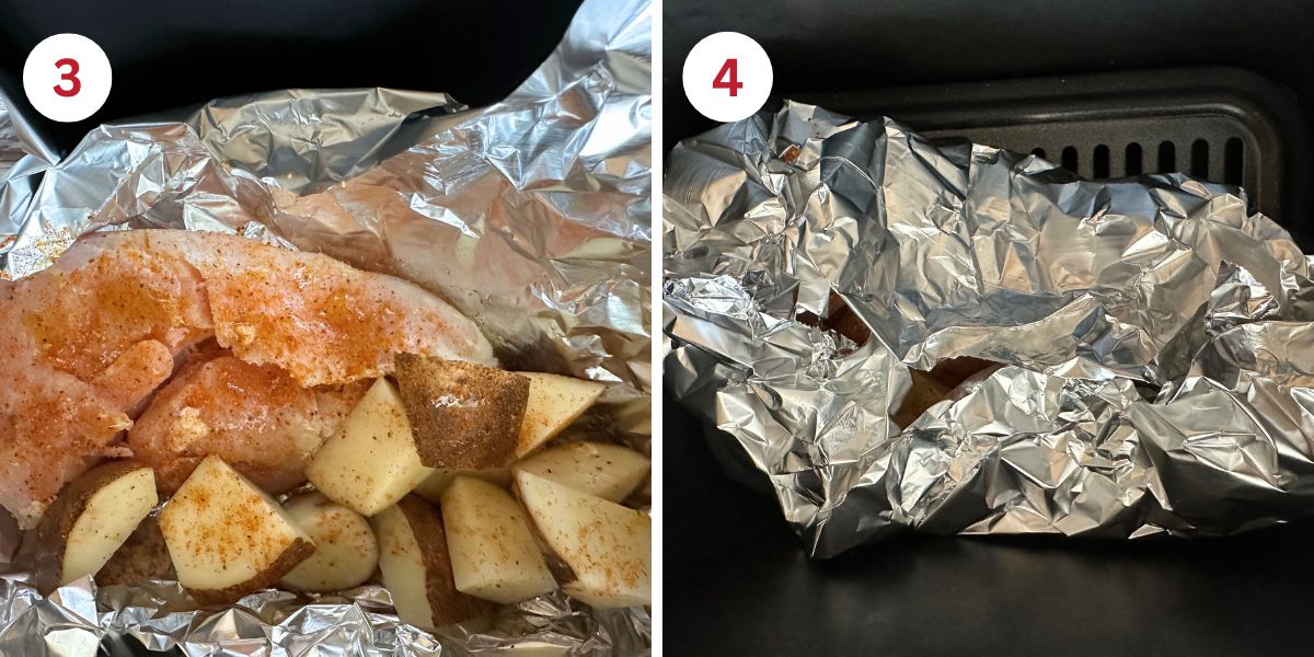 Photos of adding the chicken and vegetables to the foil packet and wrapping it up.