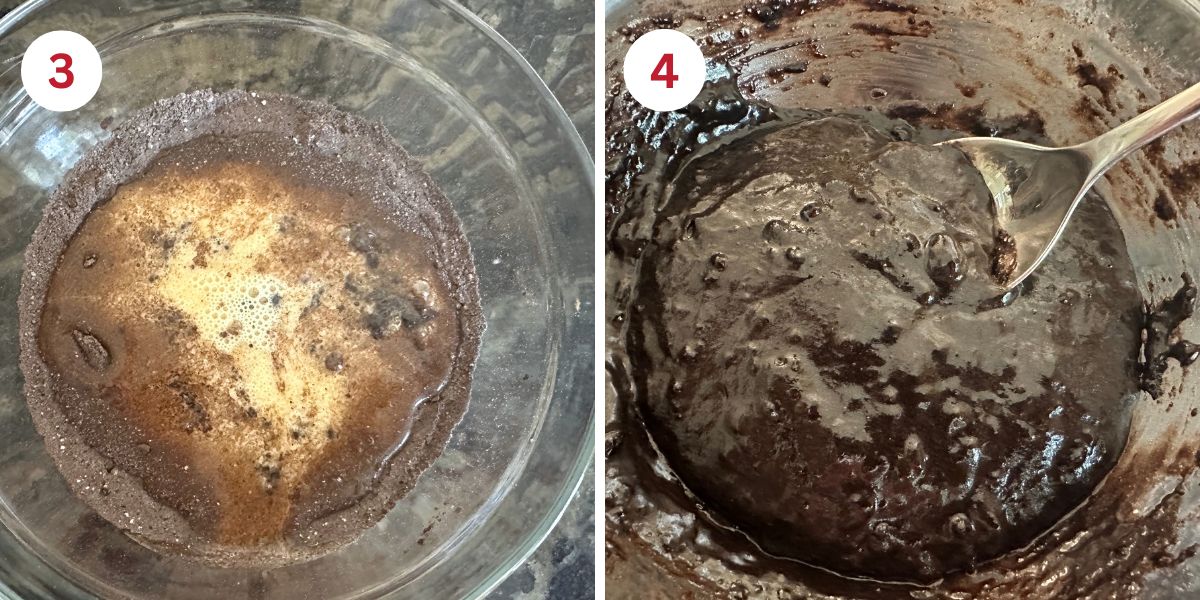 Photos mixing the wet and dry ingredients into chocolate cake batter.