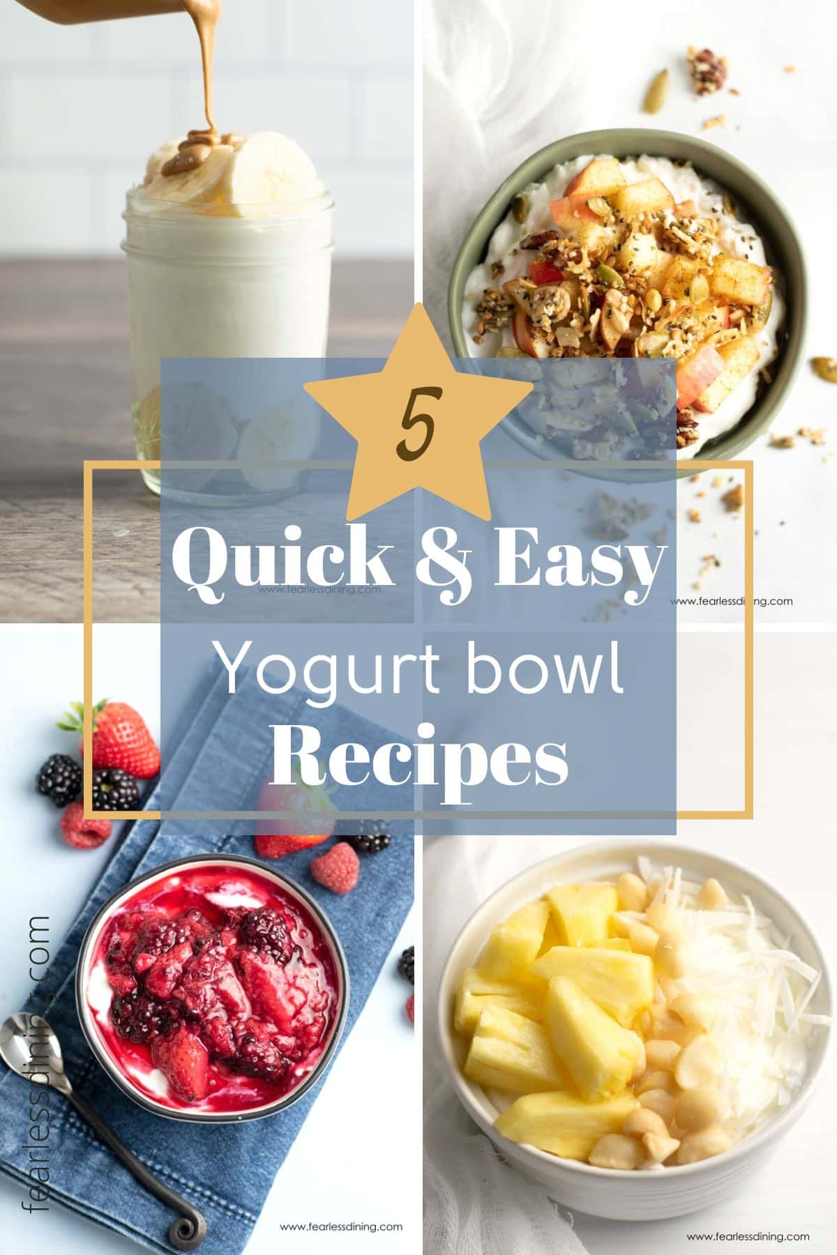 Four photos of different flavor yogurt bowls.