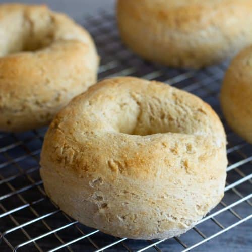 Baked gluten free yeast free bagels on a cooling rack.