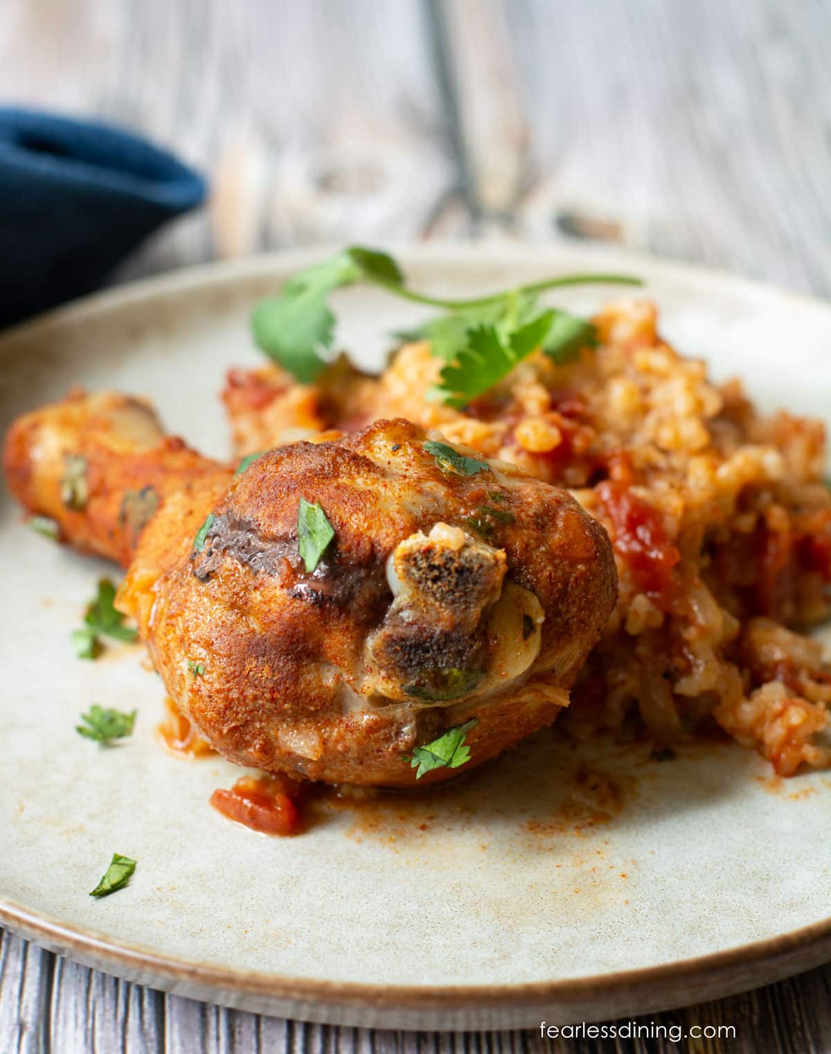 A close up of a cooked chicken leg and rice on a plate. It is garnished with fresh cilantro.