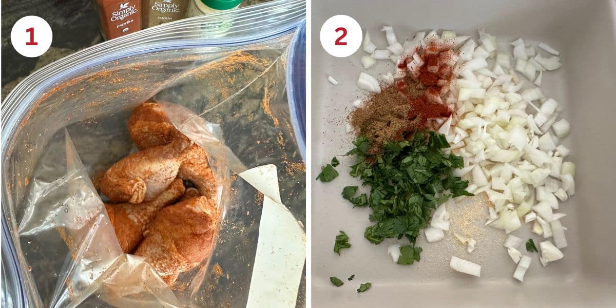 Photos of the chicken marinating and the onion and spices in the 8x8 dish.