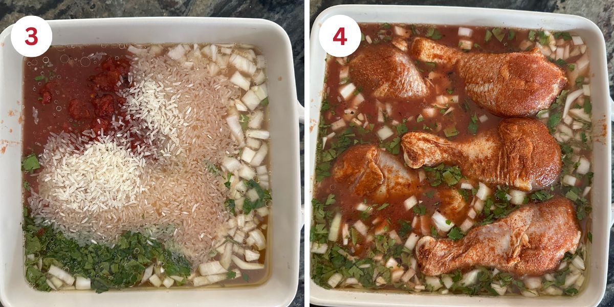 Photos showing the rice getting added to the dish and then the spice coated chicken legs.