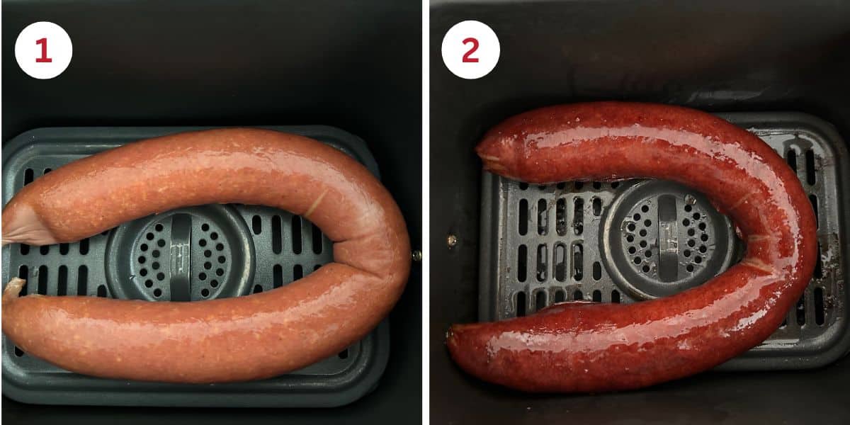 The raw and cooked kielbasa in the air fryer basket.