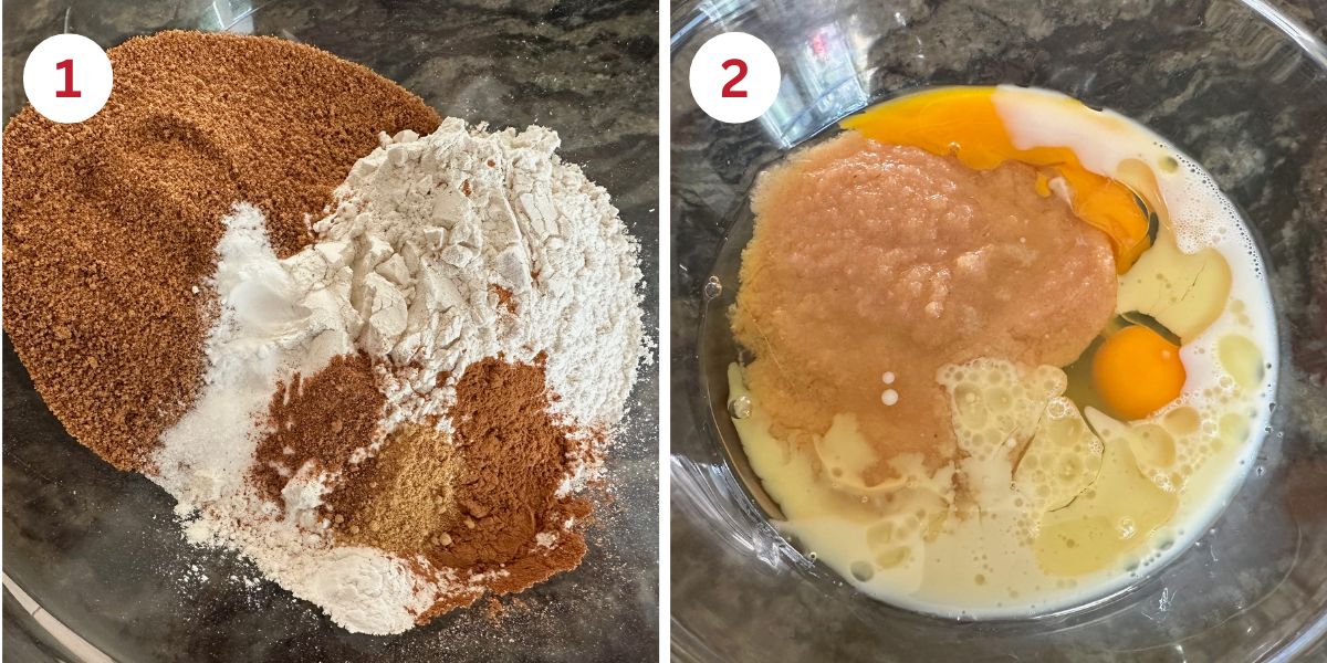 Photos of the dry ingredients and wet ingredients in mixing bowls.