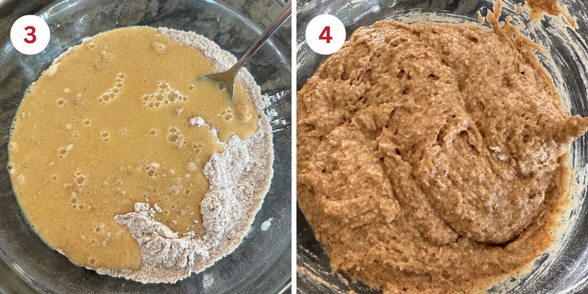 A photo of the wet and dry ingredients in a bowl and another of the cake batter.