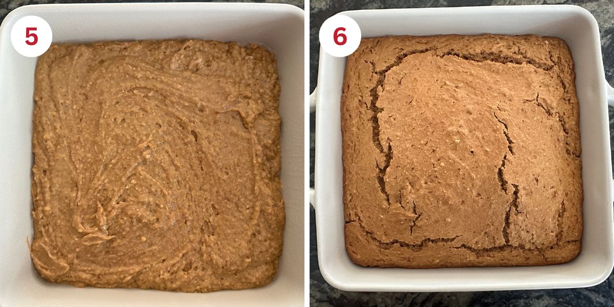 Photos of the batter in the pan before and after baking.