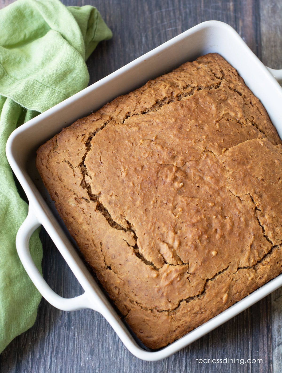 A top view of the cake in the baking dish,