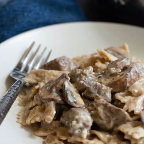 A closeup of a bowl of gluten free beef stroganoff next to the cooking pan.