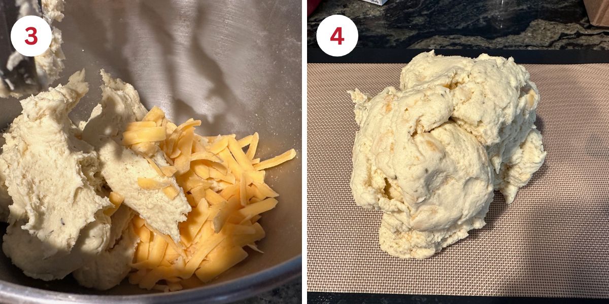 Photos of the dough getting mixed in with the shredded cheddar cheese.