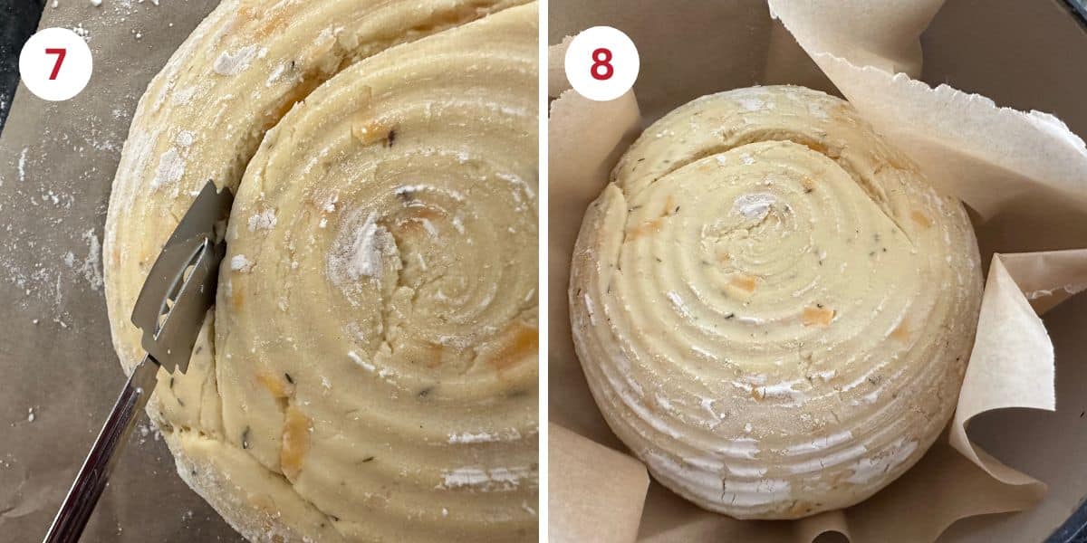 Photos showing using a bread lance to slice the top of the dough and the dough in a Dutch oven.