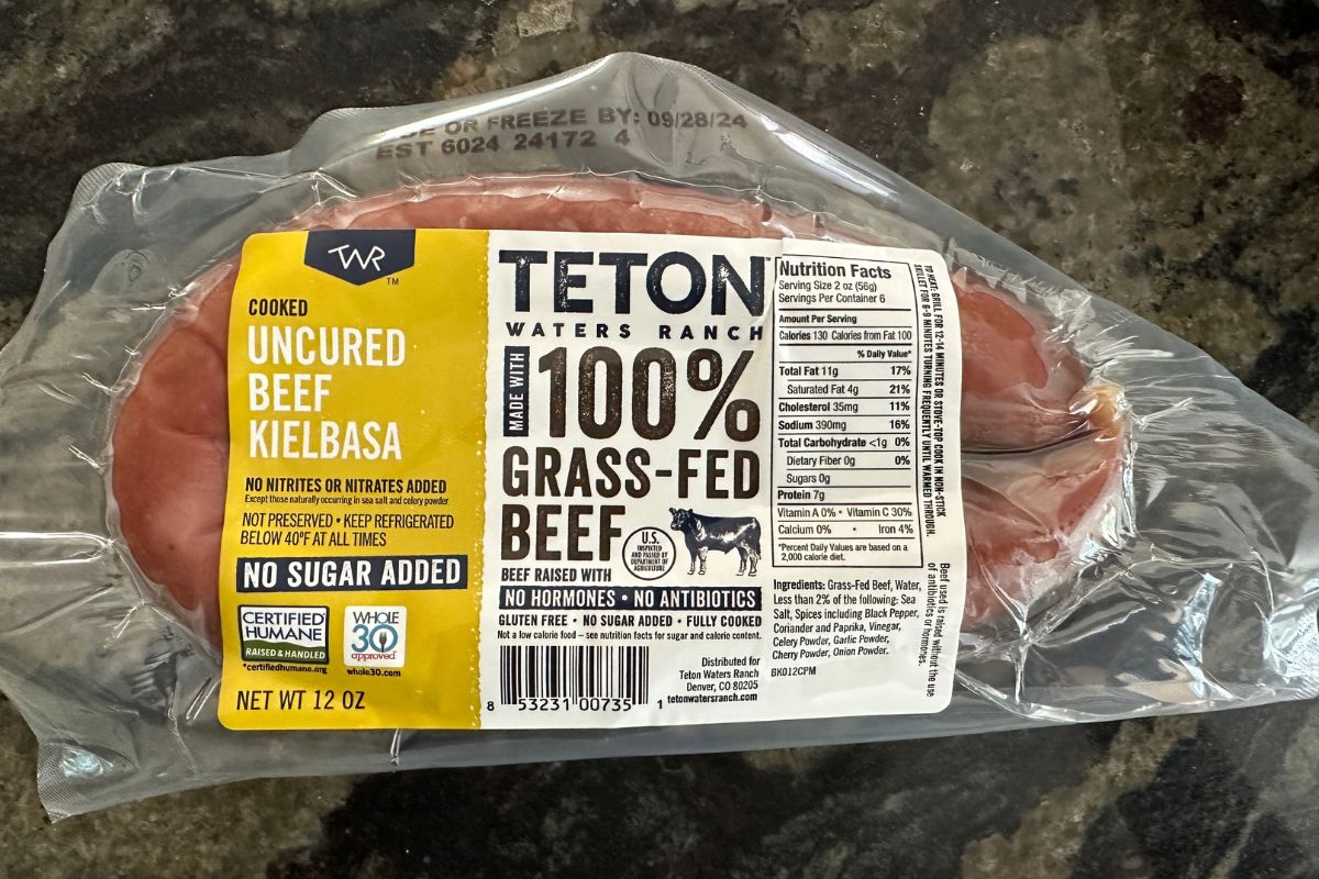 A package of Teton gluten free kielbasa in the package.