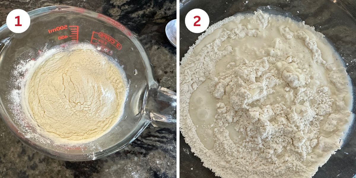 Photos of making the buttermilk and adding it to the dry ingredients.