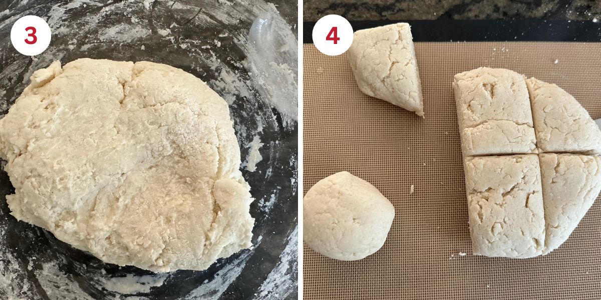Photos of the dough and the dough cut into six pieces on a silicone mat.