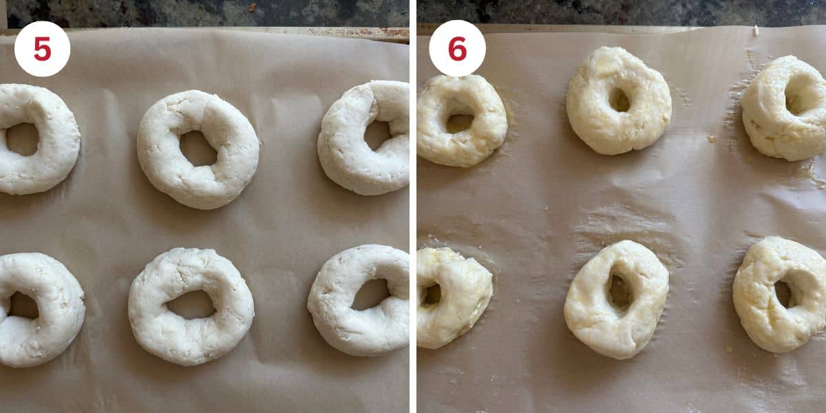 Photos of the bagels on baking sheets. The ones on the left are with Steve's GF Bread Blend and the ones on the right are with Cup4Cup.