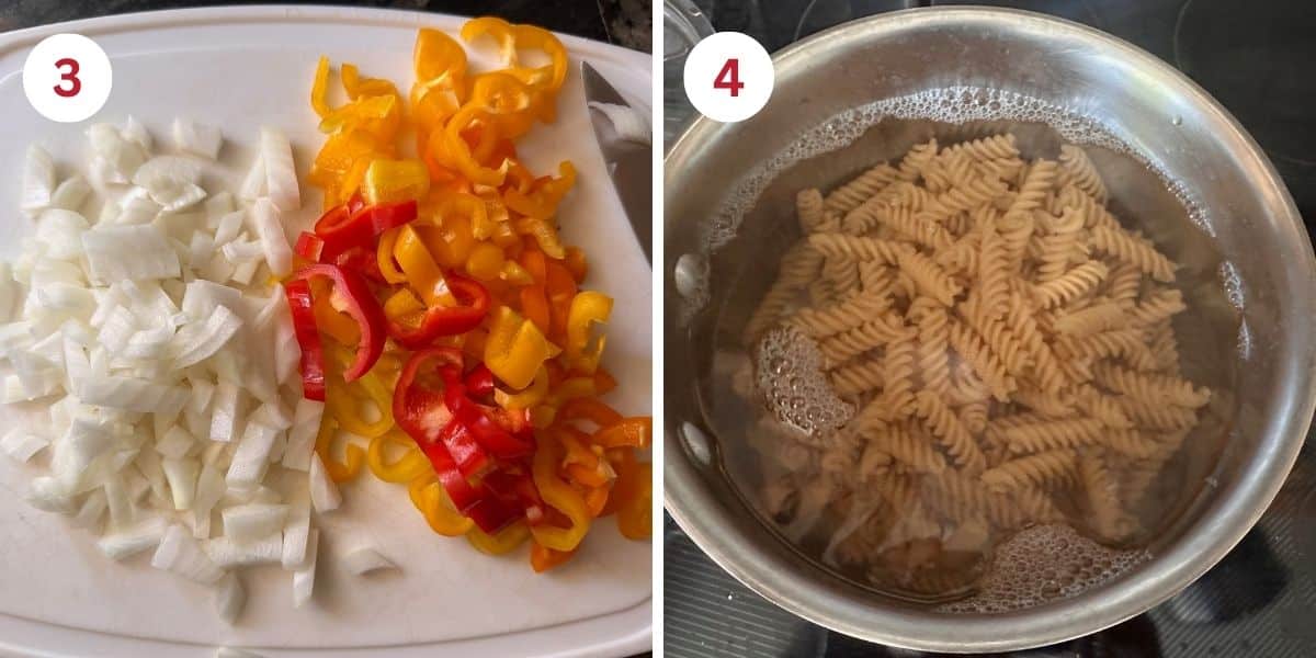 Photos of the chopped vegetables and the pasta cooking.