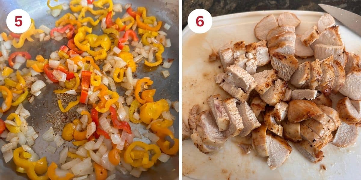 Photos showing cooking the onion and peppers and slicing the chicken on a cutting board.