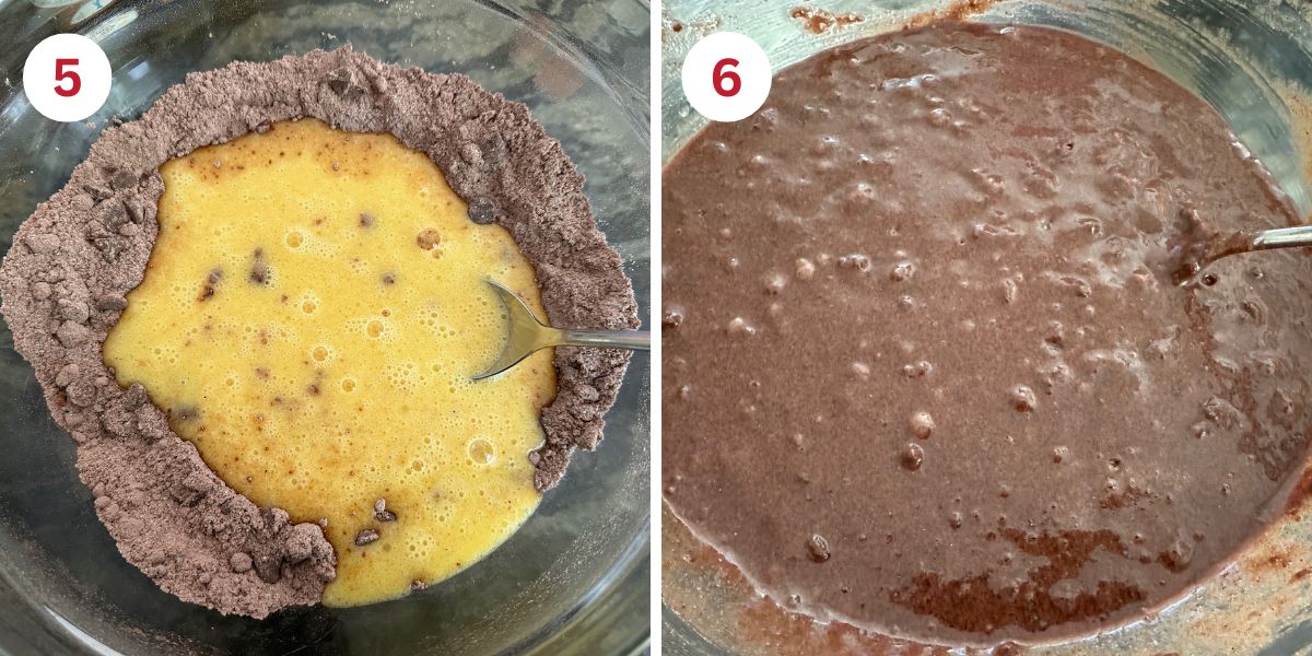 Photos showing mixing the wet and dry ingredients into brownie batter.