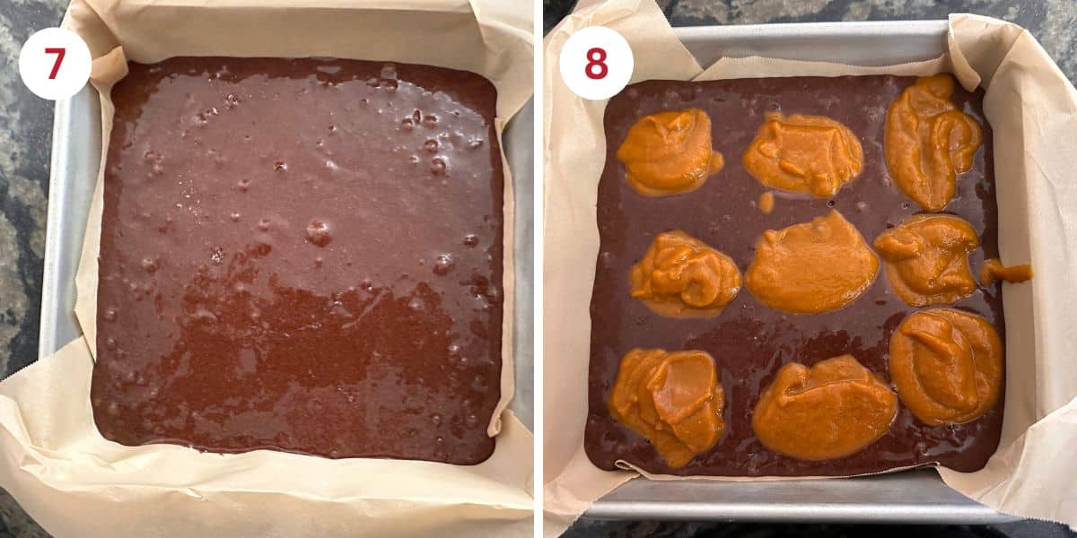 Photos showing the batter in the parchment paper lined baking dish.