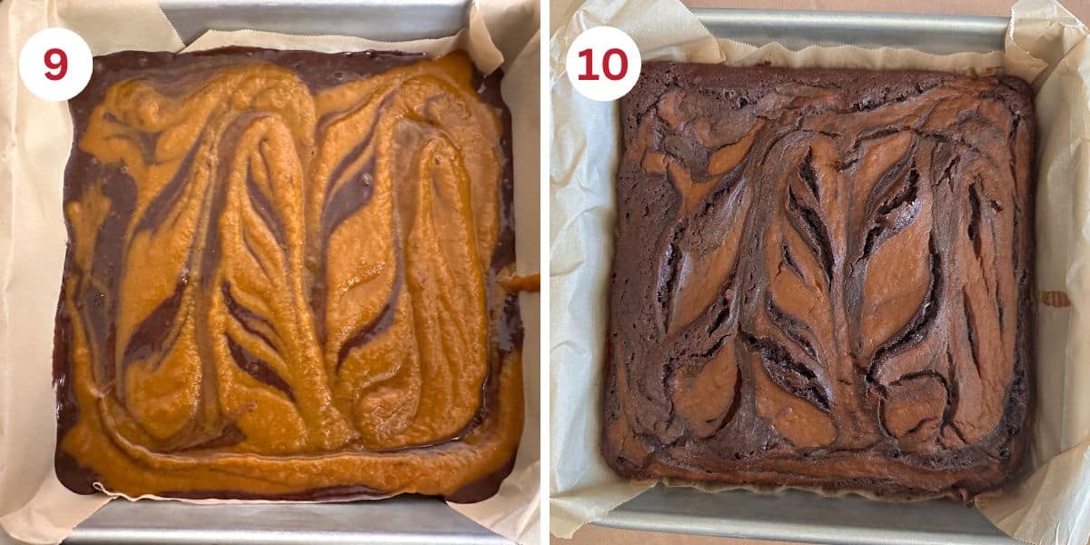Photos showing the pumpkin batter swirled into the brownies both before and after baking.