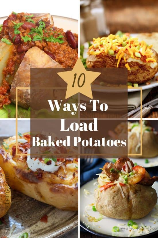 A collage of four stuffed baked potatoes.