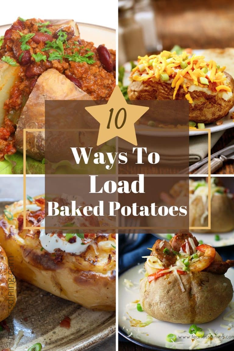 A collage of four stuffed baked potatoes.